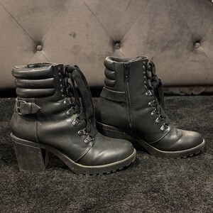 Women's Black Quilted Lace-Up Heeled Ankle Boots